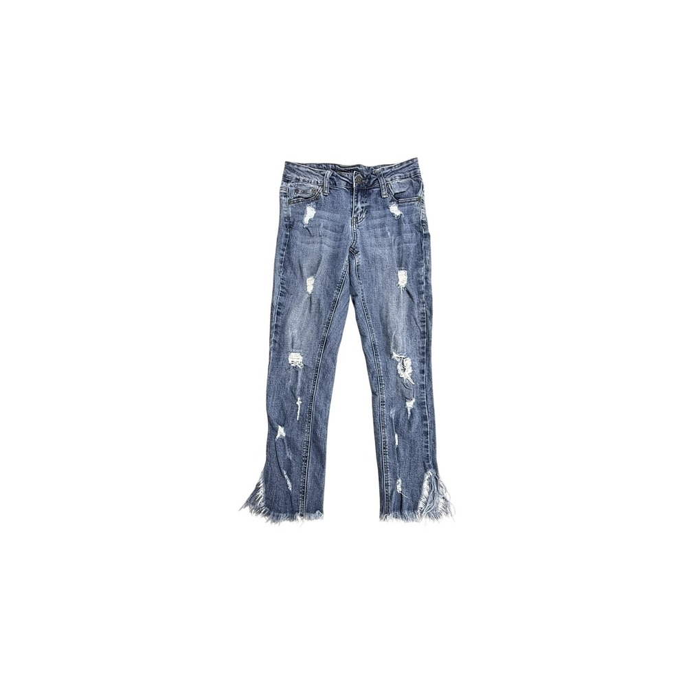 Blue‎ Desire Jeans Juniors 5 Blue Mid Rise Distressed Skinny Fringe Hem Stretch
